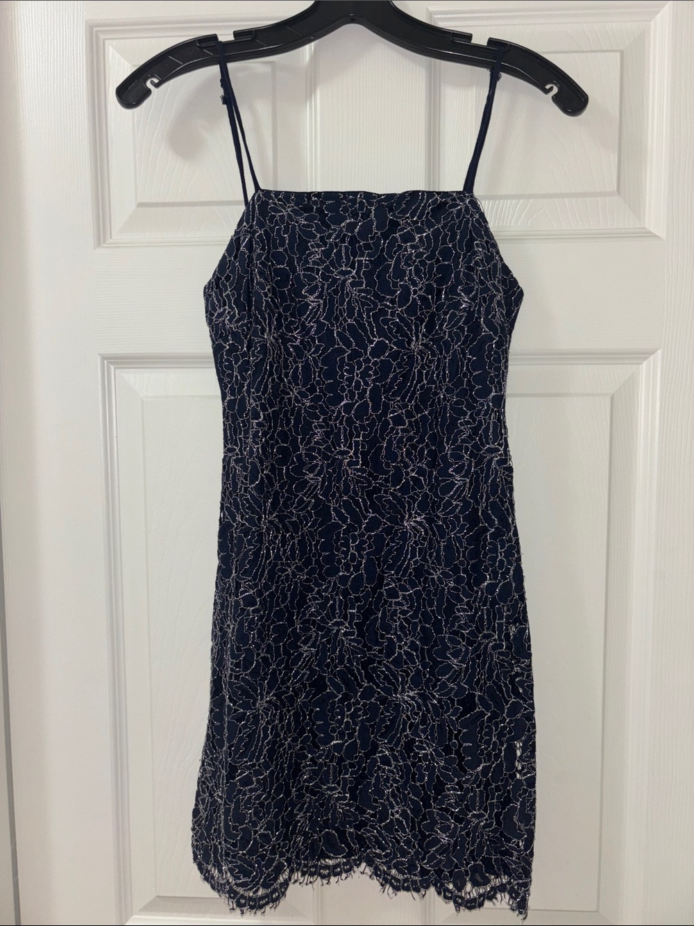 Mi ami Navy Blue Lace Mini Dress with Silver Floral Detail